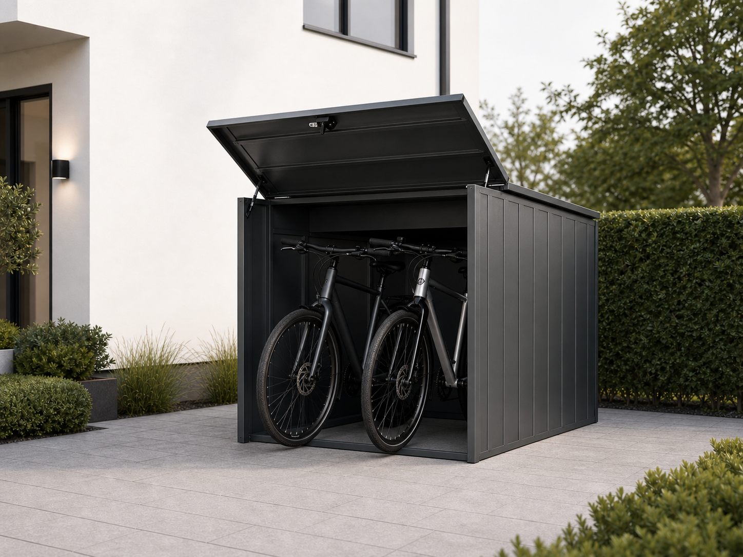 Abschließbare Fahrradbox aus anthrazitfarbenem Stahl